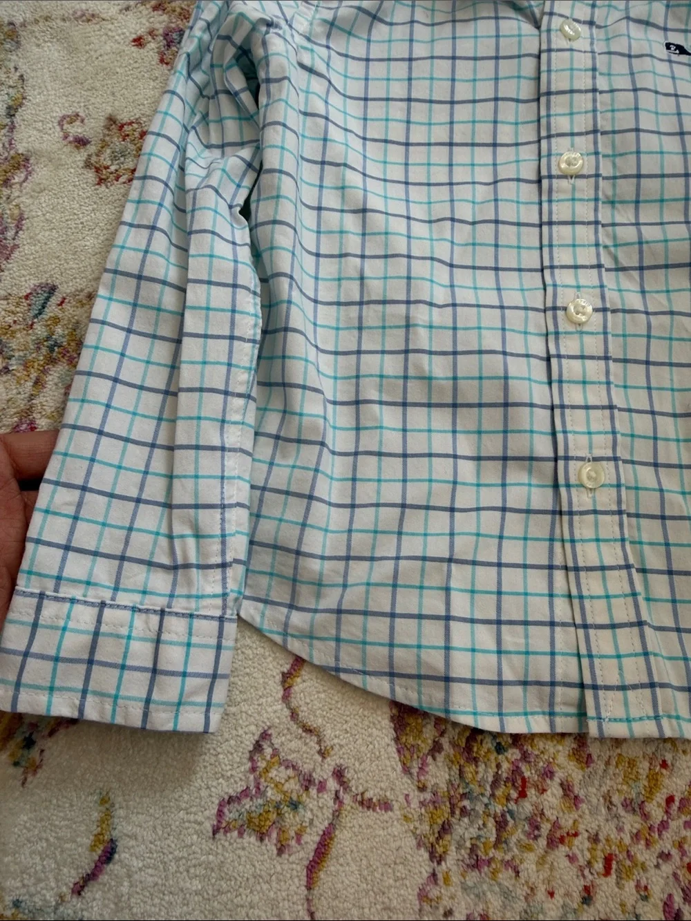 Vineyard Vines Boys White Button-Down Shirt with Light Blue Grid